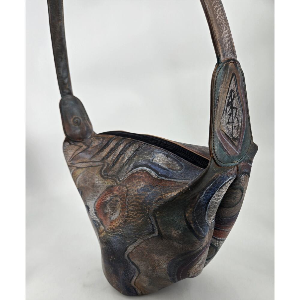 Jane Yoo Vintage Wearable Art Hand Painted Leather Crossbody Bucket Bag Purse - Picture 11 of 16